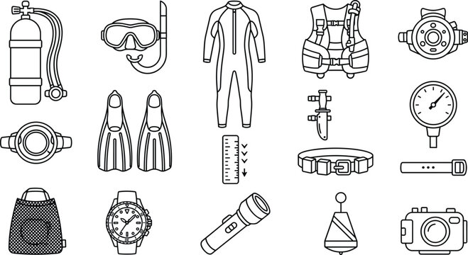 Scuba diving equipment and underwater snorkeling gear line icon set vector illustration featuring oxygen tank wetsuit mask
