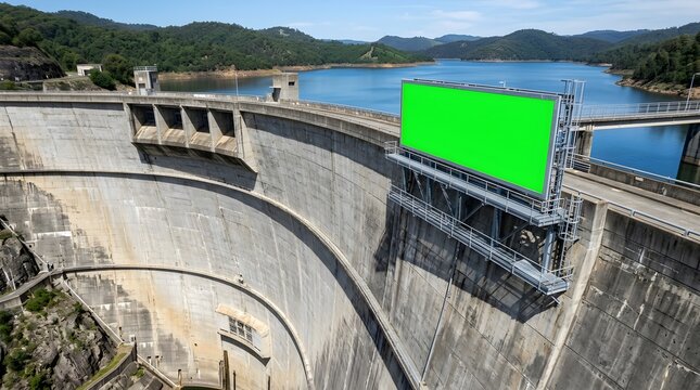 Large hydroelectric dam wall with a green screen billboard mockup for outdoor advertising overlooking a scenic water reservoir and mountains