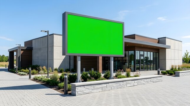 Blank green screen billboard mockup in front of a modern commercial office building under a clear blue sky