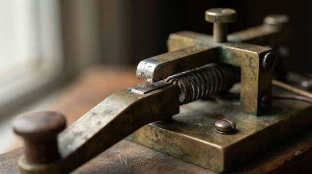 Close-up of antique brass telegraph key on wooden surface