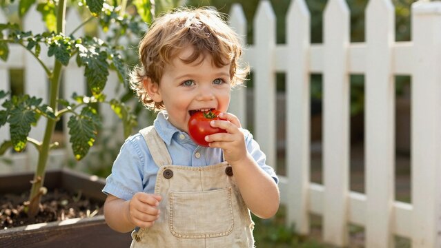 A cheerful young boy bites into a ripe red tomato he picked from his backyard garden, surrounded by green plants and white picket fence under bright sunlight.
