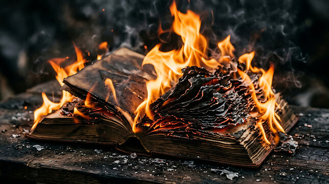 Thick antique book burning intensely with hot orange flames and smoke on dark wood