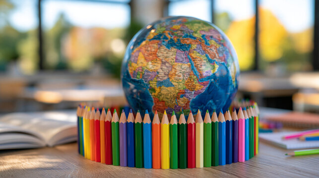 A creative World Teachers' Day concept featuring colorful sharpened pencils arranged in a circular celebration around a small school globe and open notebook, vivid rainbow colors, bright modern clas