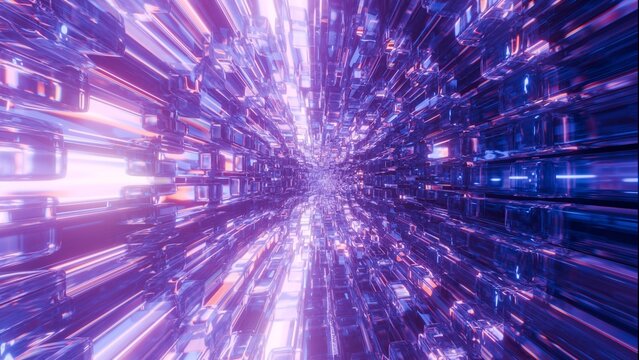 Abstract glowing glass tunnel background with neon pink and blue perspective speed lights