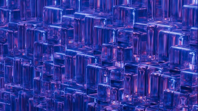 Abstract glowing glass cubes pattern background with blue and purple neon light refractions