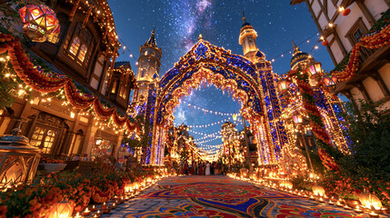 Fototapeta premium Colorful Diwali festival street in India filled with glowing diyas, decorative lanterns, marigold garlands and vibrant rangoli patterns, traditional storefronts illuminated with warm golden lights, 
