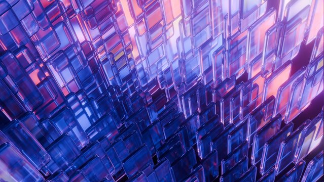 Abstract glass grid array background with glowing blue and pink neon light refractions