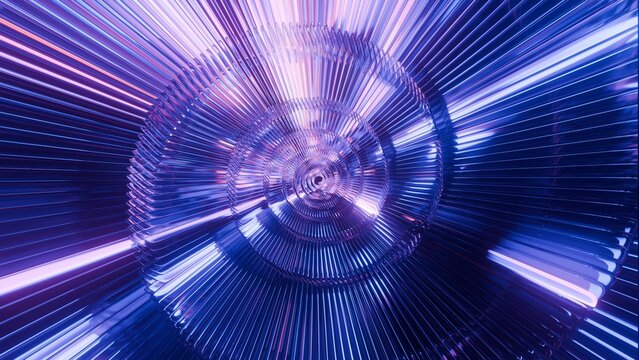 Abstract spiral glass structure illuminated with neon purple and blue light