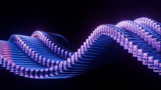 Abstract glowing glass wave structure on dark background with neon lights
