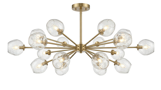 Modern brass sputnik chandelier with clear glass globes isolated on transparent background