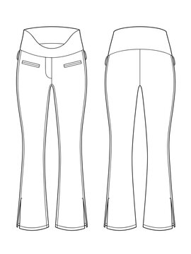 Women High Waisted Flared Wide Leg Pants with Side Slits Front and Back View fashion illustration vector, CAD, technical drawing, flat drawing