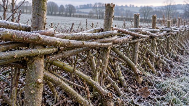 Fine frost traces woven hazel binders around upright stakes above sloping woody stems in a dormant laid field hedge on a quiet winter morning