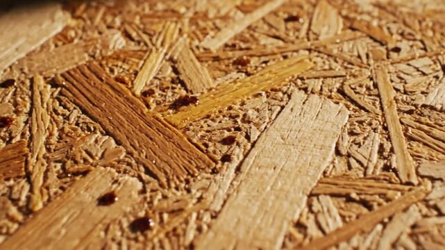 Close-up of Oriented Strand Board (OSB) with texture, wood chips, and warm brown hues for construction background.