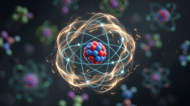 Microscopic scientific atom model showing subatomic particles with protons and neutrons in a glowing nucleus and electrons in orbit