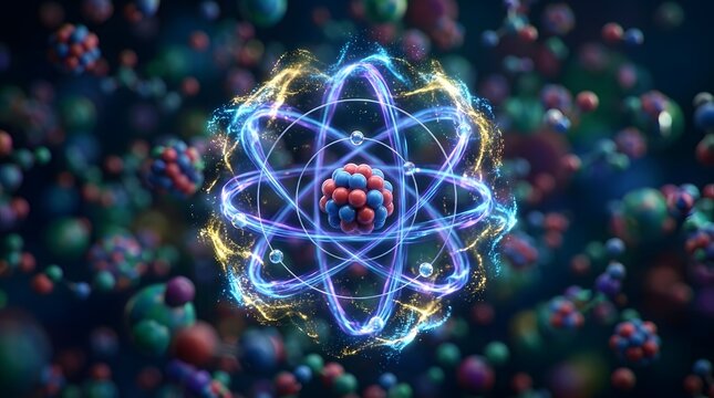 3D Atom Structure with Glowing Electron Orbits and Colorful Particle Background for Nuclear Physics Concept
