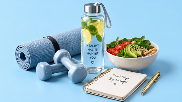 Fitness and healthy lifestyle flat lay with yoga mat, dumbbells, salad, water bottle and planner, wellness, exercise, nutrition and goal setting concept.