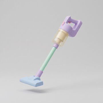 Cute pastel purple 3D clay cordless stick vacuum cleaner icon floating with mint green pipe and blue head isolated on light grey background