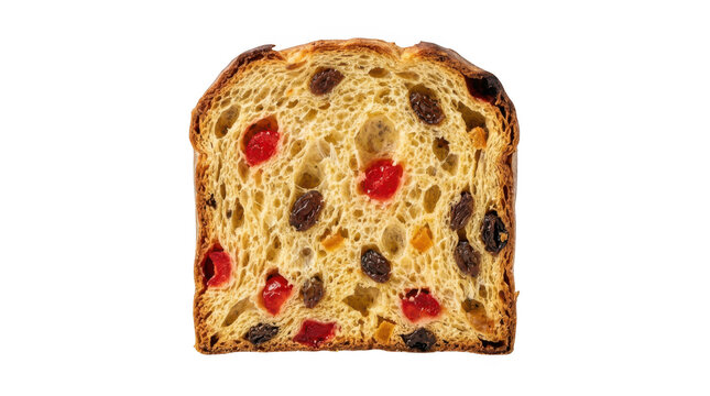 A single slice of traditional italian panettone fruit cake isolated on transparent background