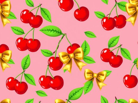 Seamless pattern with cherry and ribbon bow on pink background illustration, sweet, elegant