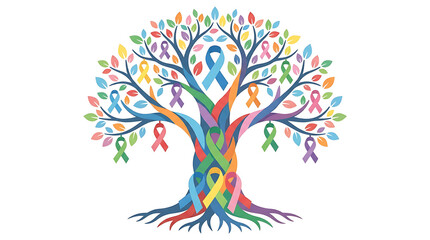 Naklejka premium Colorful Cancer Awareness Ribbon Tree Concept for Healthcare Hope and Support
