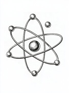 Vintage hand drawn engraving style atom model diagram on white background classic science nuclear physics and chemistry education concept