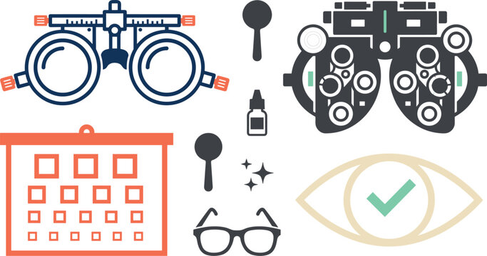 Ophthalmology and Optometry Icon Set Featuring Phoropter Trial Frame Eye Chart Glasses and Vision Test Vectors for Eyecare Clinics and Health Designs