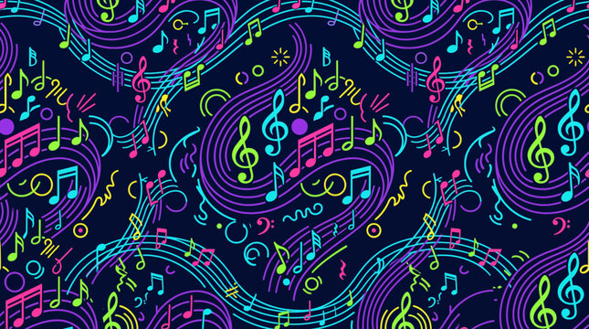 Neon Musical Notes Pattern with Vibrant Swirls on a Dark Blue Background