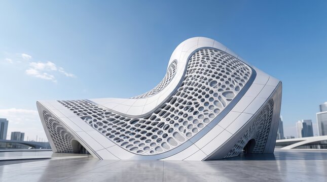 A striking depiction of contemporary architecture showcasing a building with a unique flowing and futuristic design against a clear blue sky