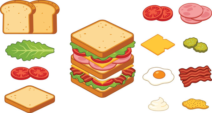 Club Sandwich and Fresh Ingredients Vector Element Set with Bread Slices, Bacon, Cheese, Egg, and Vegetables for Cafe Menus, Fast Food Branding, and Recipe Graphic Designs