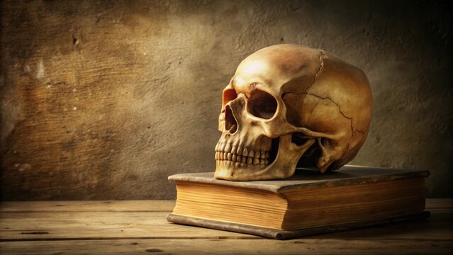 A weathered skull rests on an antique book, a poignant still life of mortality and forgotten lore