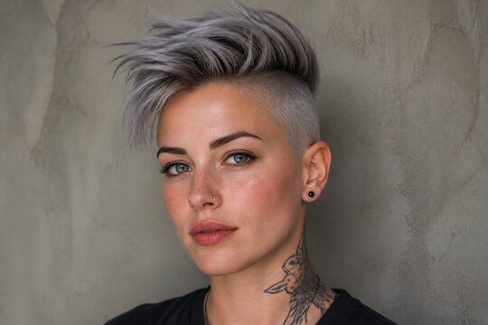 A young woman with a silver-grey undercut hairstyle and a neck tattoo is posing against a plain grey background.