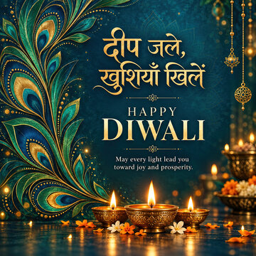 Happy Diwali greeting with Hindi text Deep Jale Khushiyan Khile on a deep teal background with ornate peacock feather artwork, three lit diyas, hanging golden lanterns and marigolds, wishes for joy