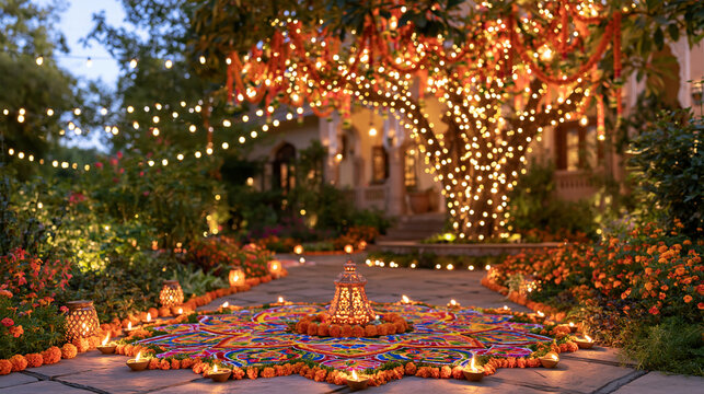 Vibrant Diwali celebration in a traditional Indian courtyard decorated with glowing diyas, colorful rangoli patterns, marigold garlands and warm golden string lights, elegant festive atmosphere, ric
