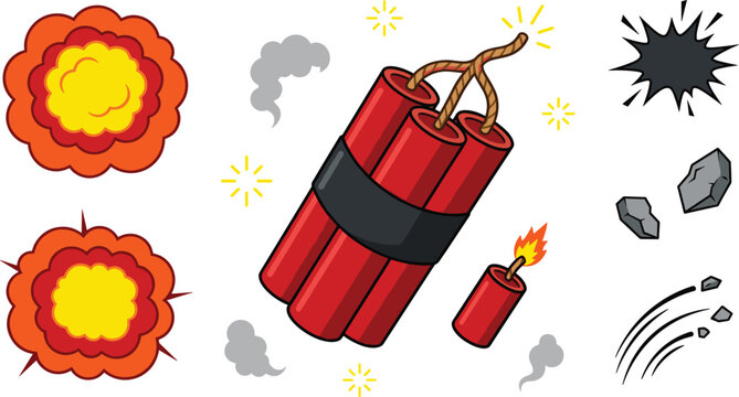 TNT Dynamite Bundle and Cartoon Explosion Vector Icon Set with Fire Fuse, Flying Rock Debris, Smoke Puff, and Comic Book Blast Effects
