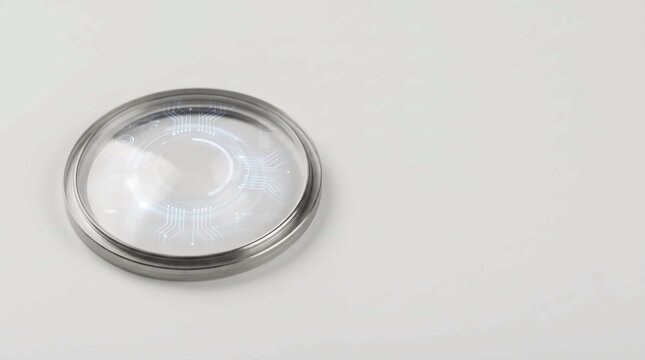Futuristic metallic round display device with glowing digital circuit lines floating on transparent background