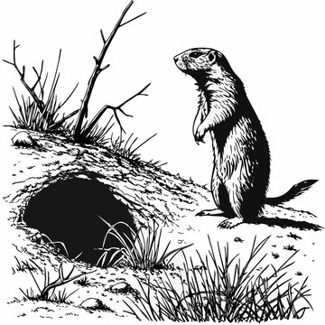 Vintage prairie dog engraving, wild ground squirrel standing by burrow entrance, black and white gopher vector illustration for wildlife education
