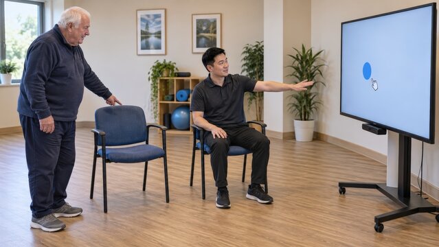 A newcomer chooses a chair while an instructor demonstrates a seated hand reach toward a blue screen target during a community exergaming induction
