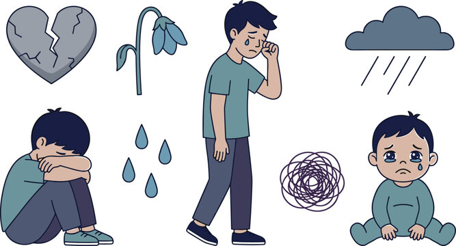 Sad Boy Crying and Depressed Children Character Vector Set with Broken Heart, Rain Cloud, and Drooping Flower Icons for Mental Health and Sadness Concept Designs