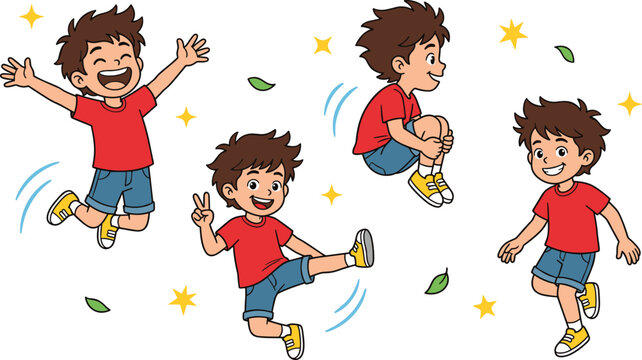 Cute Boy Jumping and Playing Vector Character Set with Happy Kid Celebrating, Hopping, and Dancing for Active Children Lifestyle and Educational Graphic Designs