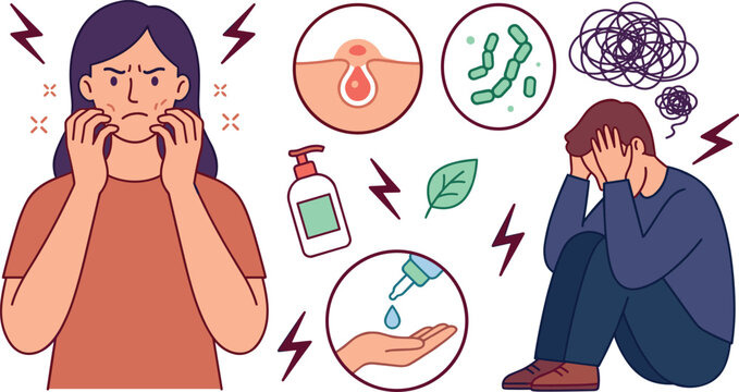 Dermatology and Mental Health Vector Character Set with Skin Inflammation, Bacterial Infection, Stress, Depression, Acne Treatment, and Skincare Infographic Elements
