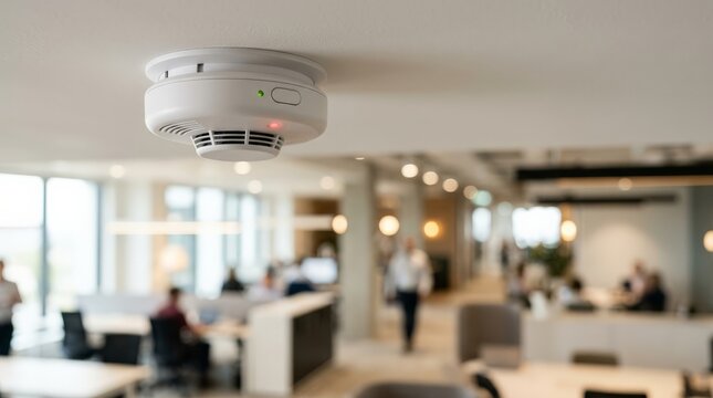 A close up view of a white modern smoke detector attached to the ceiling of a busy office building with people working in the blurred background, underscoring the fire alarm