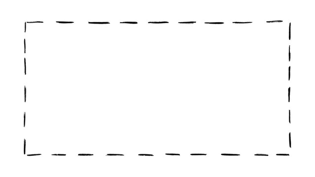 Hand drawn rectangular frame made with black dashed strokes on transparent background. Sketchy dashed line border overlay for coupon cutouts, photo framing, text boxes, and clean graphic design.