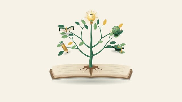 Premium 4K motion graphics of an open book releasing a seed that grows into a detailed knowledge tree, with branches morphing into five large education icons: book, pencil, light bulb, graduation cap