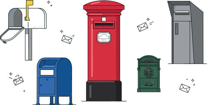 International mail box vector set featuring a classic British red pillar postbox, American residential mailbox, blue public dropbox, and modern street letterboxes isolated on a white background