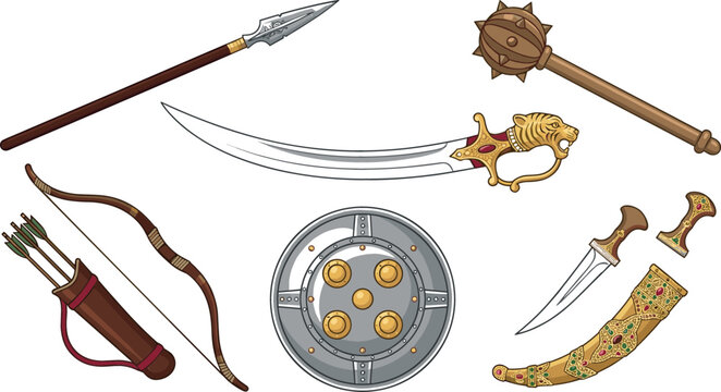 Mughal era historic weapon illustration bundle including decorative scabbard, archery bow set, spiked wooden club, metallic dhal shield, and sharp javelin spear head for ancient battle graphic designs