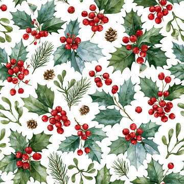 Watercolor seamless pattern of holly branches with red berries, pine needles, and mistletoe on a white background. Elegant Christmas botanical design