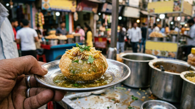 Indian street food pani puri served on small metal plate held by man with ring in crowded market with food stalls.