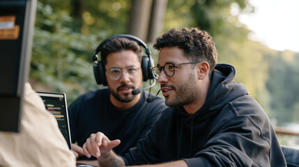 Fototapeta premium A game streamer collaborates with a legal advisor colleague outdoors in a leafy setting, a faded terms-of-service instruction sticker barely visible on a monitor casing, lawyer