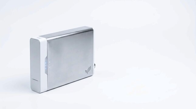 Metallic portable power bank device with led lights and leaf logo presented on transparent background