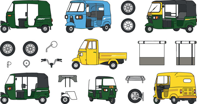 Auto rickshaw vector set featuring traditional tuk tuk vehicles three wheeler taxis delivery mini truck spare parts wheels and steering handlebars